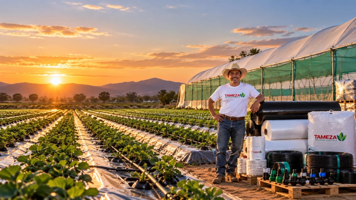 Agricultor con playera de TAMEZA en un campo con acolchado plástico, cintilla de riego, invernadero con malla y rollos de productos agrícolas al atardecer